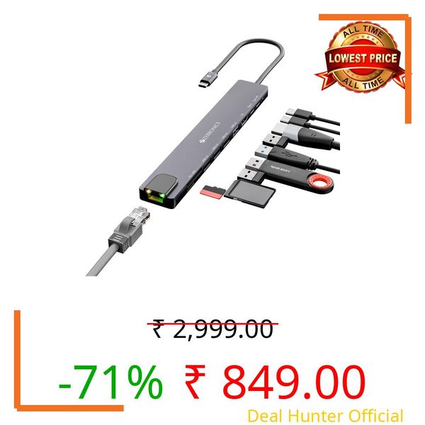 ZEBRONICS CT101, 10 in 1 Multiport HUB, 4K HDMI, 100 Watts PD Charging, USB 3.0, 2X Type C, 4X USB, SD, mSD, RJ45, Compact Metal Design, LED Indicator, Multi OS Compatible