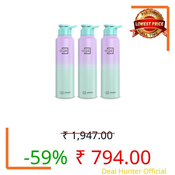 Go24 pexpo Water Bottle 1 ltr Stainless Steel Sports/Fridge Bottle with Sipper Cap (Pack of 3)| 1-Year Warranty | Single Wall| For Home, Office, Gym, Travelling | Craft Pro 950ml | Green-Purple Ombre