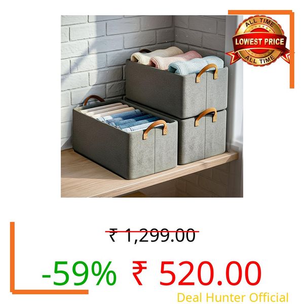 VERAT 3 Pcs of Large Foldable Storage Box and Organiser with Metal Frame/Woven Fabric Clothes Organiser with Handle/Wardrobe Organizer for Storage/Almirah Organizer for Shirts/Jeans/Sweater (Grey)