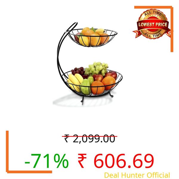 Homeor 2-Tier Fruit & Vegetable Basket for Dining Table, Centre Table I Metal Fruit Bowl or Bread Basket Vegetables Storage Organizer Holder I Multi-Purpose Basket for Kitchen & Home, Black