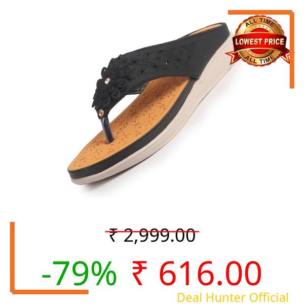 FAUSTO FST FKAWC-19001 BLACK-39 Women Floral Design Orthopedic Cushioned Wedge Thong Slippers| Slip-On Open Toe Comfort Sandals for Casual, Daily Office Work Wear (5 UK)