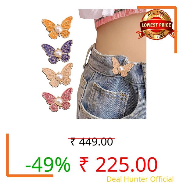SANNIDHI Jeans Tightening Clips, 4 Pairs Butterfly Jean Adjustable Pins, Waist Tightener Jeans Adjustable Buttons, Instant Adjustable Waist Clips Decorative Waist Buckles for Jeans, Skirt (4 Colors)