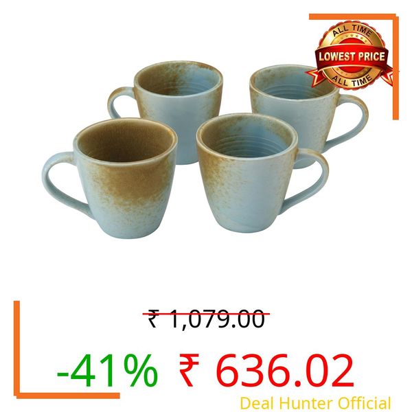 Bodhi House Handmade Reactive Glaze Ceramic Coffee Mug Set of 4 Pieces (350 Ml), Stoneware Tea Cup, Microwave Safe Large Milk Mug, Ideal for Daily use, Casual Gatherings and Gifting, Turquoise-Copper