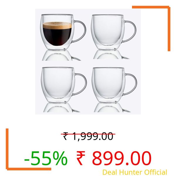 HAKKU Double Wall Insulated Glass Coffee Mugs with Handle Set of 4 | 250ml | Everyday Drinking Tea Cups Perfect for Latte, Espresso, Cappuccinos, Tea Bag, Hot & Cold Beverage (4, 250ML)
