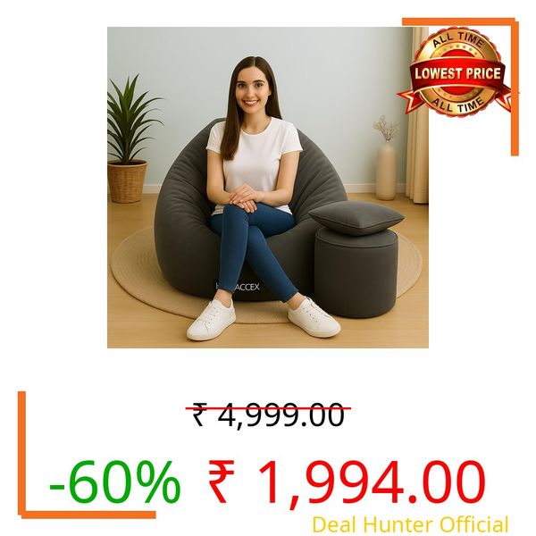 Homeaccex 3XL Velvet Filled Bean Bag Combo with Cushion and Footstool | XXXL Bean Bag Chair with Filled Beans | Bean Bag with Footstool | Capacity Upto 120 Kg | Grey