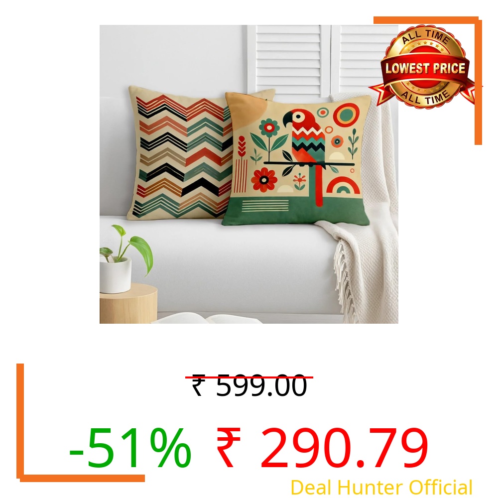 STITCHNEST Printed Satin Cushion Covers Colorful Parrot with Botanical & Geometric Chevron Design, 16x16 Inch, Pack of 2 for Artistic, Playful & Boho Home Styling