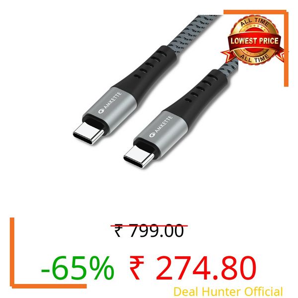 Amkette ChargePro 100W USB Type C to C Cable | Ideal for Laptop Charging | 2M Durable Braided Cable with Silicone Reinforced Connectors | Super Fast Data Transfer | Mobile & Laptop Compatible