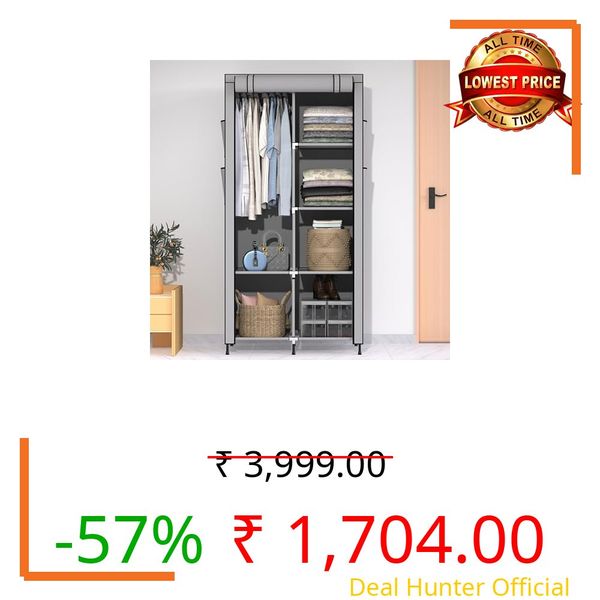 HAUSWAY Foldable Wardrobe for Clothes, Multipurpose Collapsible Fabric and Plastic Cupboard for Bedroom, 2-Door Wardrobe with 6 Shelves - Grey