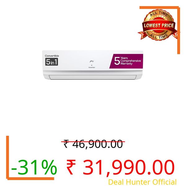 Godrej 1.5 Ton 3 Star, 5 Years Comprehensive Warranty, 5-in-1 Convertible Cooling, Inverter Split AC (Copper, Heavy-Duty Cooling at 52 Deg Celcius, AC 1.5T SIC 18TTC3 WZQ, White)