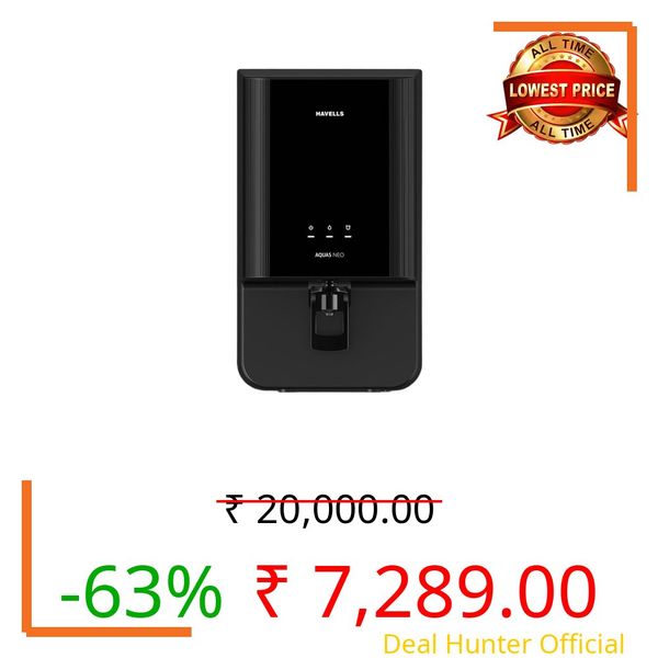 Havells Aquas Neo Water Purifier, RO + UF Purification, Vital Magnesium Enriched, 7-stages, 7L Storage, Ideal for Borewell, Tanker & Municipal Water, Significant water savings, BIS Approved, Black