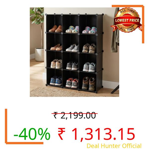 amazon basics 12-Cube Storage Organizer with Clear Front Doors | 95.5 × 32 × 126 cm | Black | PP + Iron | Stackable, Dustproof & Easy Assembly