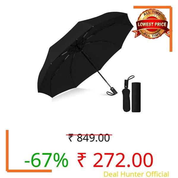 RUJVE UV protection Umbrella Automatic open close for rain and sun protection 3 fold umbrella for men women kids boys girls big size large three fold stylish folding under windproof travel (Black)