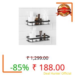 Amazon Basics Self-Adhesive Aluminium Bathroom Wall Shelf | Water-Resistant | Pack of 2 | Tool-Free Installation | Black | 30D x 13W x 5.5H cm