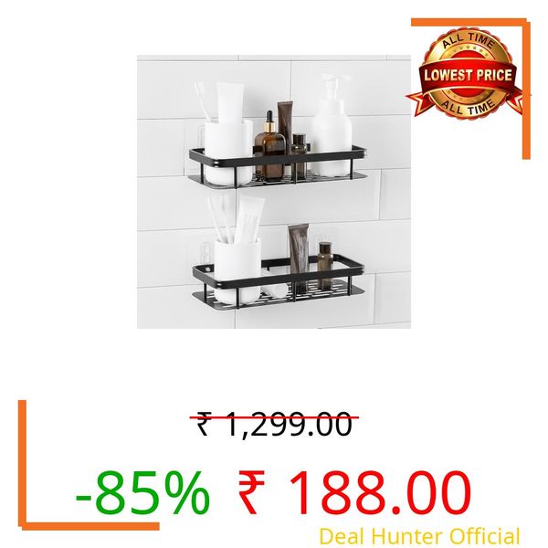 Amazon Basics Self-Adhesive Aluminium Bathroom Wall Shelf | Water-Resistant | Pack of 2 | Tool-Free Installation | Black | 30D x 13W x 5.5H cm