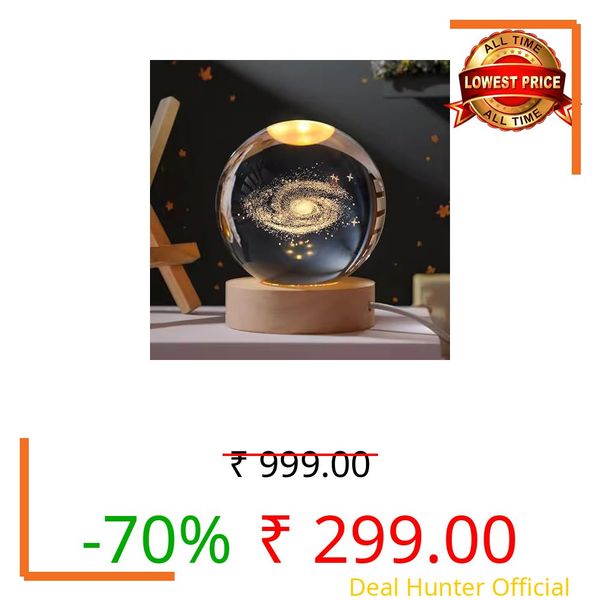 One94Store 3D Galaxy Crystal Ball Night Lamp - Engraved USB Table LED Wooden Light for Home Office Decoration and Birthday Gift (Galaxy)(Pack of 2, Warm White)