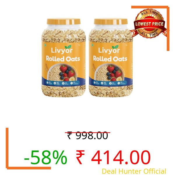 Livyor Rolled Oats for eating - 2kg | Gluten Free | Breakfast Cereal for Weight Loss | 100% Wholegrain and clean | Rich in protien | Jumbo oats | Pack of 2