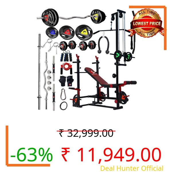 MUSCAZO FITNESS: 20-in-1 Home Gym Set with Adjustable Bench, 20kg Rubber-Coated Weight Plates, Dumbbells, Curl & Straight Rods, Gloves, Gripper & Skipping Rope - All-in-One Fitness Kit.