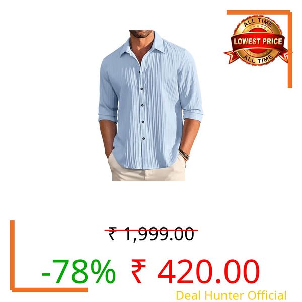 DEELMO Men's Casual Button Down Shirts Long Sleeve Linen Shirt Fashion Textured Beach Summer Shirt Sky Blue