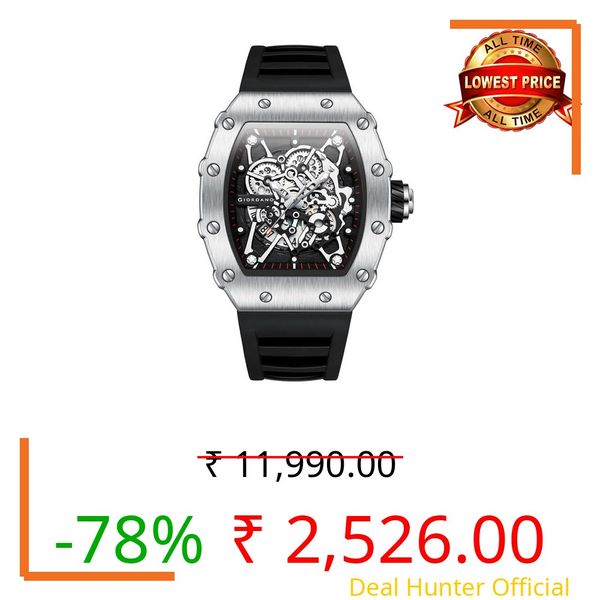 Giordano Analog Watch for Men - Skeleton-Style Dial | Brushed Steel Case with Silicone Strap