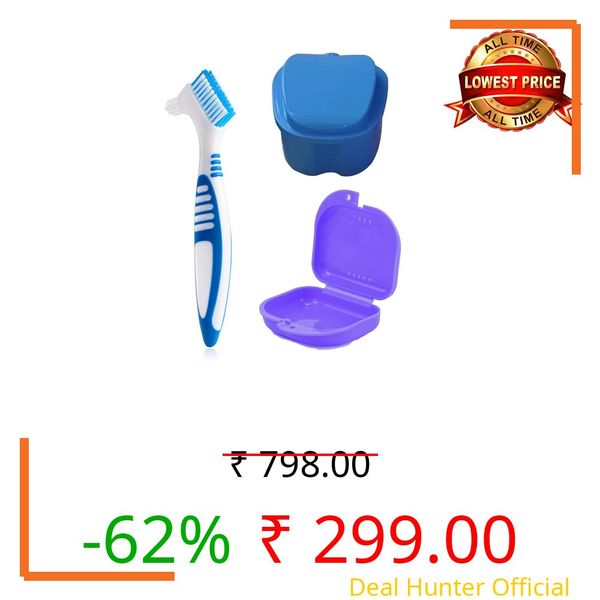 Retainer Case and Cleaner Set, Dual Denture Box with Soft Brush, Includes Purple Small Case, Blue Large Case, Green Toothbrush, Supply Complete Clean Care