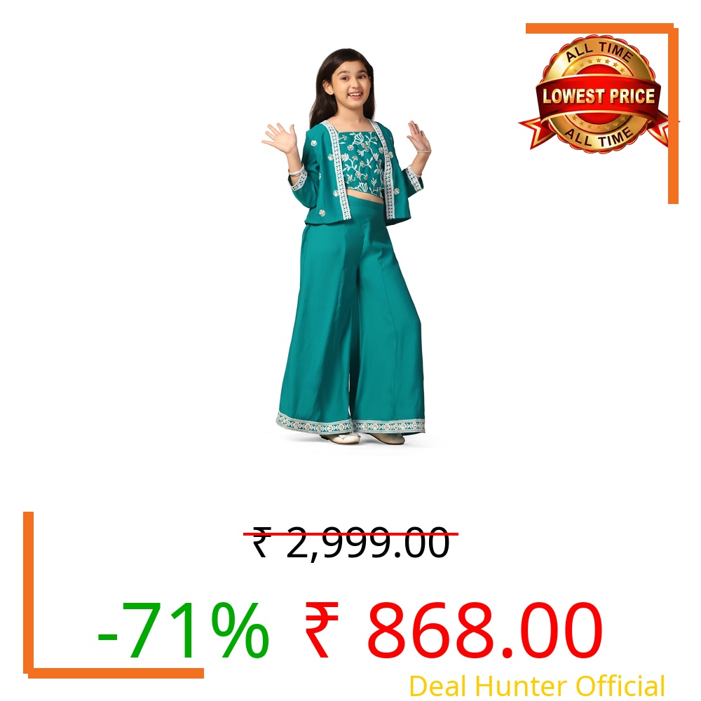 Fashion Dream Girls Silk Blend Embroidered Salwar Suit Set|Ethnic Set for Girls(FDGSET00235 TEL 28_Teal_7-8 Years)