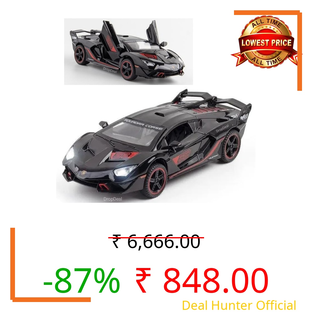 DropDeal® 1:32 Lamborghini Alston SC18 Realistic Design Metal Toy Car Diecast with Openable Doors Light Sound Pull Back Features for Kids Play & Gift or showpiece & Collection. (Black)