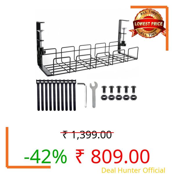 BOSSNUOK No-Drill Under Desk Cable Tray with 10 Black Straps - 40x13x15cm Metal Wire Organizer Basket, Space-Saving Cord Management Kit for Home/Office Desks (Complete Set)