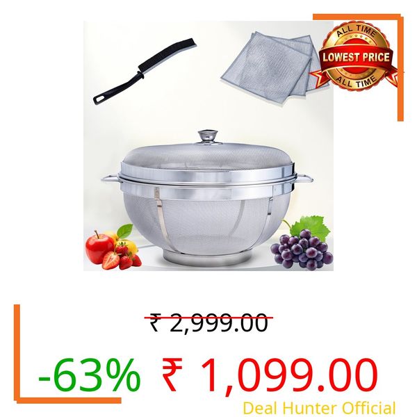 Koopso 12 inch Round Fruit Basket with Lid | fruit Basket with Net | Fruit Basket for Dining Table | Fruits Basket with Net Cover – Decorative Steel Mesh Storage Bowl