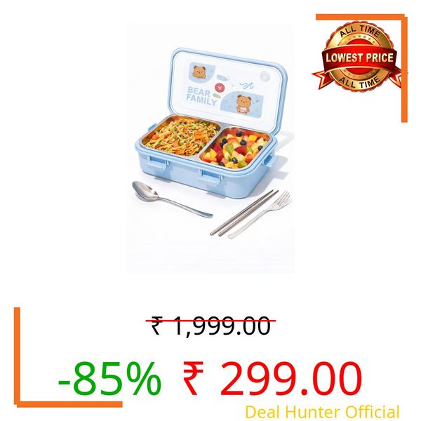 Brand Conquer Lunch Box Leak-Proof BPA Free Stainless Steel for School, Lunch Box for School & Office with a Fork, a Spoon and a Pair of Chopsticks (Blue, Bear Family 2 Compartment)