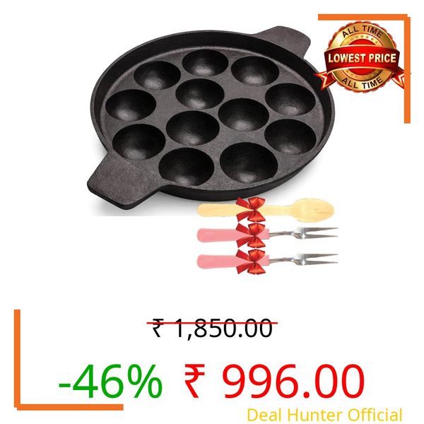 6th Planet Pre-Seasoned Cast Iron Paniyaram Pan 12 Cavity | Induction, Gas & Electric Stove Compatible Appe Pan | Appam Patra, Paniyarakkal, Gunta Ponganalu, Paddu Pan | Durable Cast Iron Cookware
