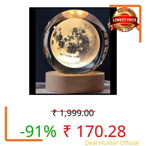 Desidiya 3D New Moon Crystal Night Light Decorative Quartz Glass Ball Bedroom Table Light, Engraved Model Astronomy Décor, Universe Gift for Loved Ones