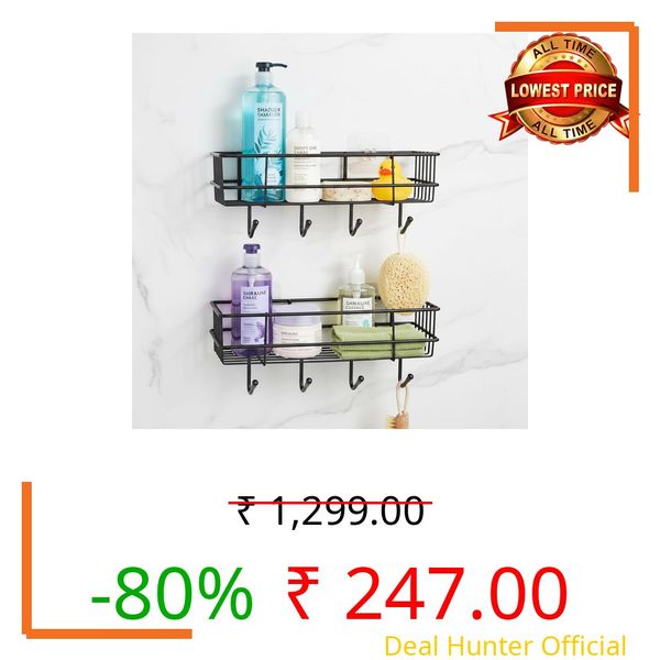 Amazon Basics Self-Adhesive Wall Shelf – No-Drill Multipurpose Bathroom/Kitchen Organizer with Hooks and Towel Holder, Rust Proof GI Steel Organizer | Black, 28.2 x 9.8 x 11.5 cm, Pack of 2