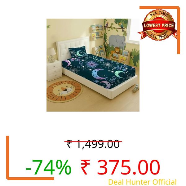 Filymore Moon Star Kids Single Bed Sheet with 1 Pillow Cover 180 TC Soft Microfiber for Kid Room Bedcover Size (90 X 60) inches, Nevyblue and White