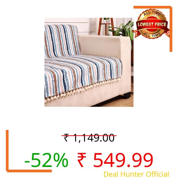 STITCHNEST Quilted Velvet Sofa Cover with Tassels – 24x60 Inch, Blue & Beige Striped Pattern, Soft & Modern, Washable Sofa Protector for 1-Seater