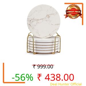 EDIDEUENICA 6 Pack White Wood Coaster Set with Holder Absorbent Drink Coasters Wood Cute Coaster Bar Dining Coffee Table Accessories Decor Gift Funny Cup Stone Modern Cool Desk Beer Cork