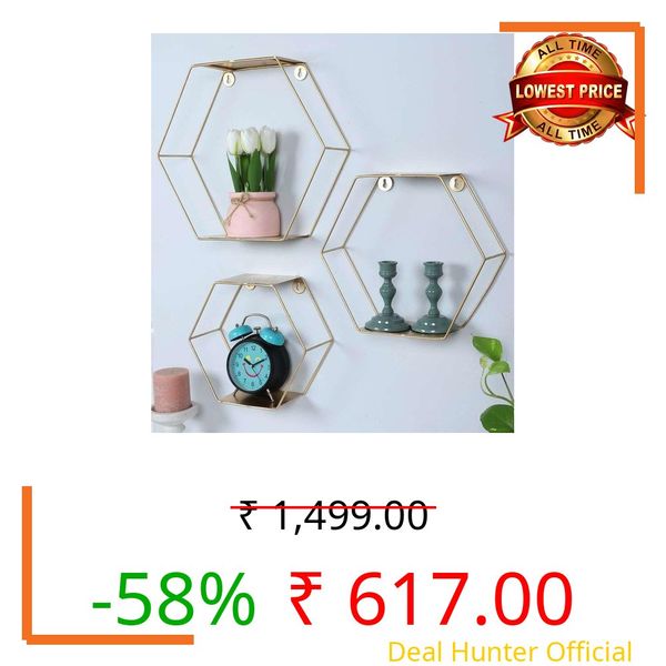 Artemade Set of 3 Hexagon Metal Wall Shelves in Gold Finish | Modern Floating Wall-Mounted Display Racks for Home, Living Room & Bedroom Decor