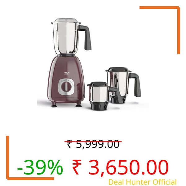 Milton Artis Mixer Grinder, ISI Certified, Grindstone Blade Technology, 3 Jar, 800 W (21000 RPM), 5 yr motor warranty, 2 yr product warranty I Wine