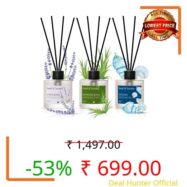 Soul & Scents Lavender, Lemongrass and Ocean Reed Diffuser Set - 50ml with Free 15 Rattan Reed Sticks | Toxin Free & Stress Relief | Room Freshener for Home, Bedroom & Office | Combo Pack of 3