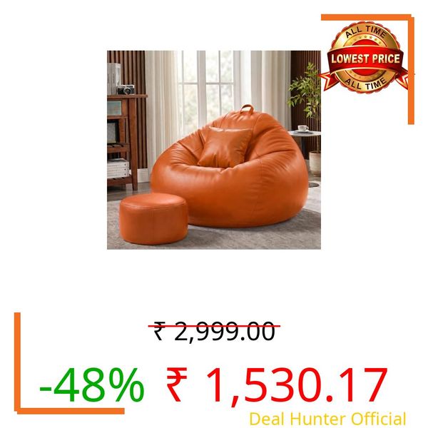 Sattva Classic 4XL Bean Bag Chair with Beans Filled | Faux Leather Sofa Style Beanbags Combo with Footstool & Cushion | Bin Bags Sofa & Beam Bag for Adults, Home & Office (Pre-Filled) - Orange