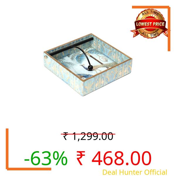 DULI Handmade Decorative Tissue Holder for Table – MDF (19 x 19 cm) | Fancy Paper Napkin Holder for Dining Table & Office Desk | Elegant Tissue Stand for Home & Office Decor (MCDNH- BlueGoldPeacocks)