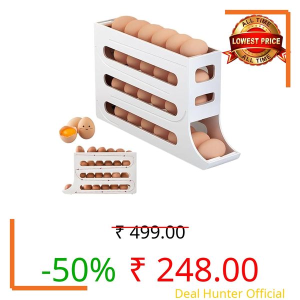 RINKIFY Plastic Automatic Rolldown Refrigerator 4 Tier Rectangular Egg Rolling Dispenser, Holds Up To 30 Eggs, Holder For Fridge Storage - (WHITE)