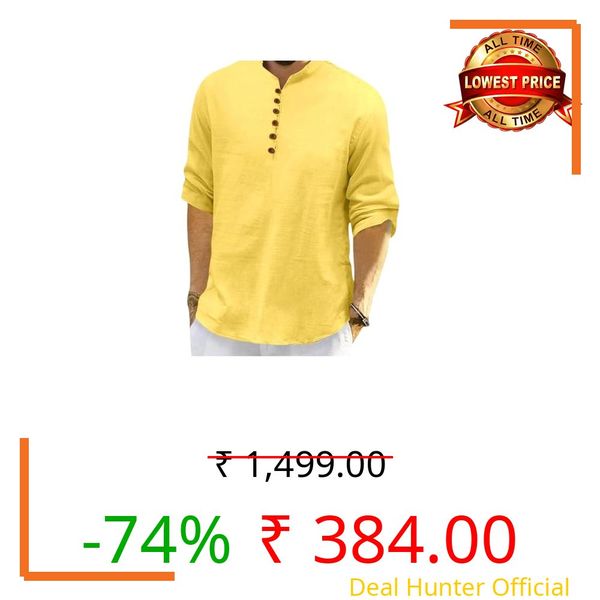 ROYALSCOUT Men's Cotton Polyester Blend Solid Regular Fit Full Sleeve Short Kurta | Ethnic, Lightweight Summer Kurta for Daily & Occasion Use Yellow