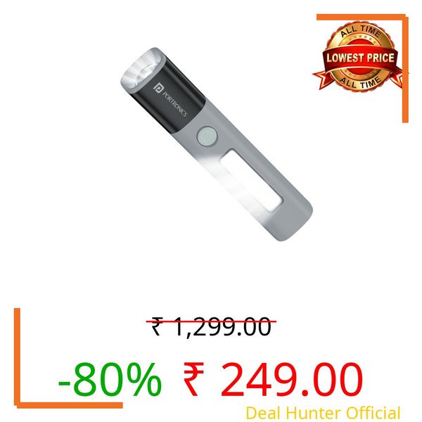 Portronics Eco Glow 2 Tactical Rechargeable Flashlight Torch for Car & Road Emergencies, Adjustable Focus with Telescopic Zoom, Dual Brightness & SOS Modes, 1200mAh Battery for Camping & Hiking | led