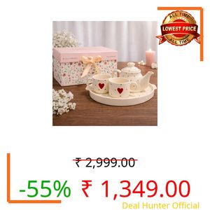 Praahi Lifestyle Ceramic Tea Cup Set with Kettle & Serving Tray in Gift Box | Pure Love Red Heart Pattern| 2 Cups (150ml), 1 Kettle(450ml), 1 Tray (4 Piece Set) Microwave Safe | Valentine Gifts