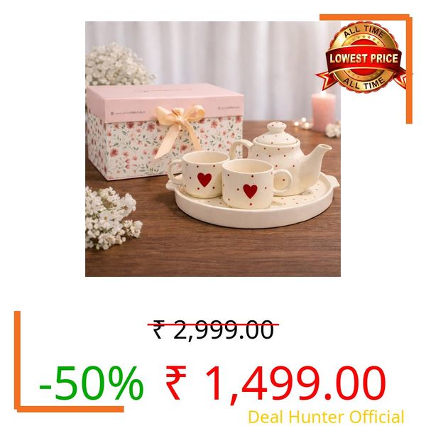 Praahi Lifestyle Ceramic Tea Cup Set with Kettle & Serving Tray in Gift Box | Pure Love Red Heart Pattern| 2 Cups (150ml), 1 Kettle(450ml), 1 Tray (4 Piece Set) Microwave Safe | Valentine Gifts