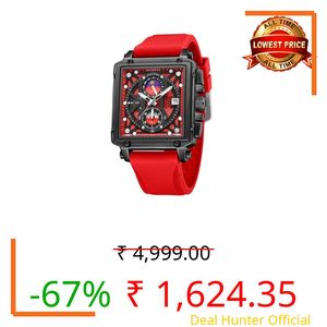 ZUNPAI Men's Square Analog Watch Sport Chronograph Fashion Moon Phase Watch for Men with Calendar Waterproof Silicone Strap Rubber Band (Silicone-Red)