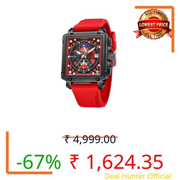 ZUNPAI Men's Square Analog Watch Sport Chronograph Fashion Moon Phase Watch for Men with Calendar Waterproof Silicone Strap Rubber Band (Silicone-Red)