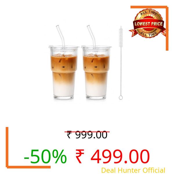 FUNKYFINDS Coffee Glass Mug Sipper with Straw and Lid 2 pcs -600ml -for Smoothie, Water, Juice, Drinks, Lemon Soda, Beer Drinking Glasses, Iced Coffee and Tea Cups with Straw