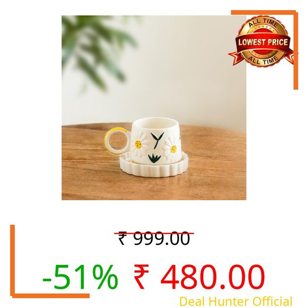 ExclusiveLane 'Floral Bloom' Hand-Painted Ceramic Tea Cup with Saucer Ceramic Coffee Cups Chai Tea Cup (310 ML, Microwave Safe, Dishwasher Safe)