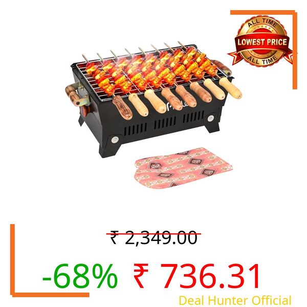 Pivalo Charcoal Barbeque Grill Set | Tandoori BBQ for Home & Outdoor Use | 4 Piece Combo | 4 Skewers | 1 Glove | 1 Tong | Foldable Standing BBQ for Camping, Picnic & Travel Cooking (Pack of 1, Black)